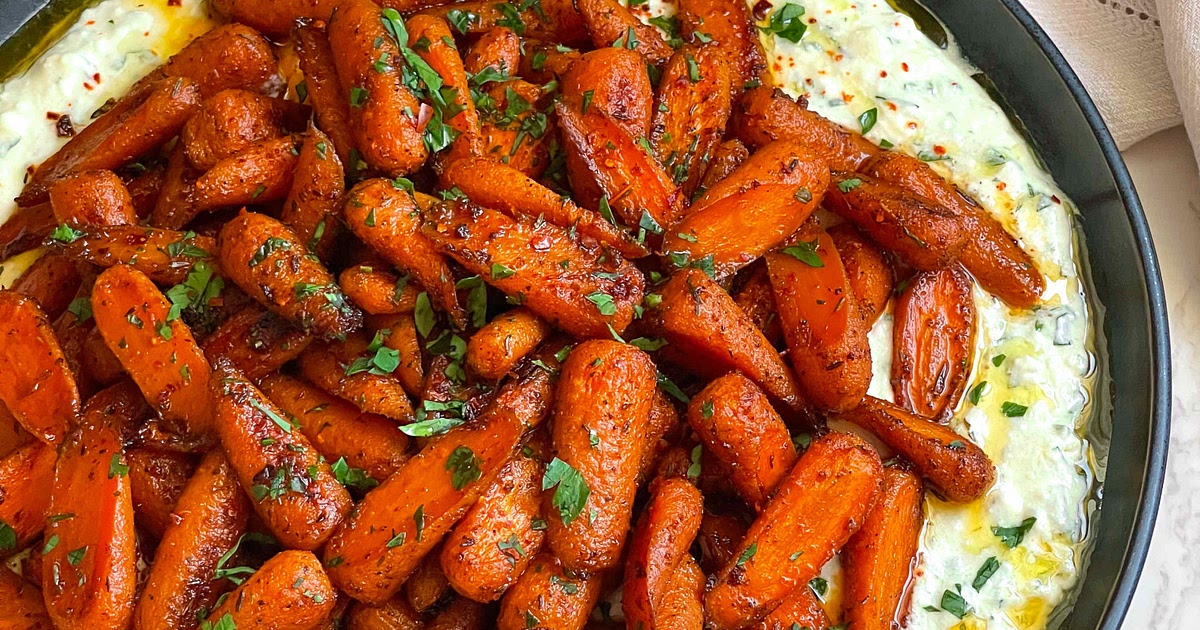 Honey Roasted Carrots Over A Bed Of Citrus Herb Feta Dip Recipe | Samsung Food App