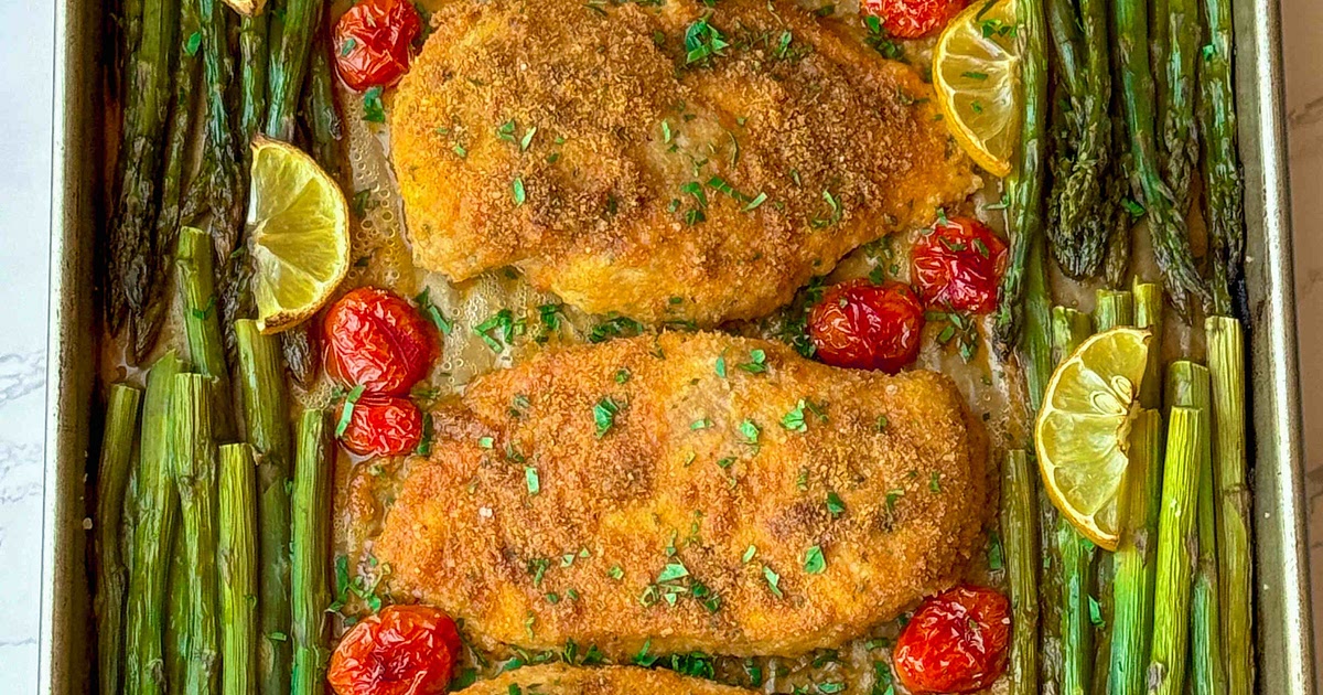 Parm Crusted Chicken with Roasted Asparagus And Burst Tomatoes Recipe | Samsung Food App