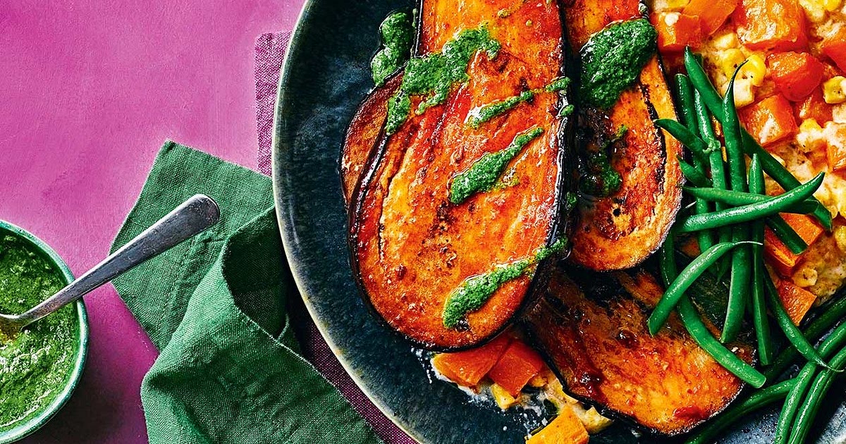 Chipotle aubergine steak with creamed corn and a herby green sauce Recipe | Samsung Food App