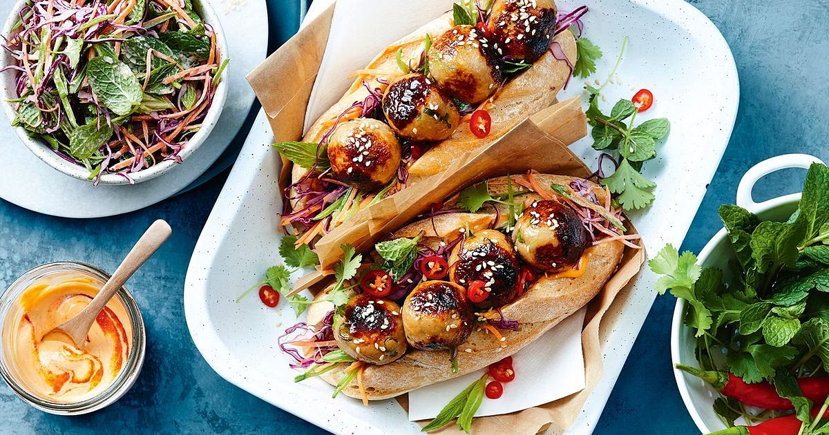Honey-glazed miso chicken meatball subs with rainbow slaw Recipe | Samsung Food App