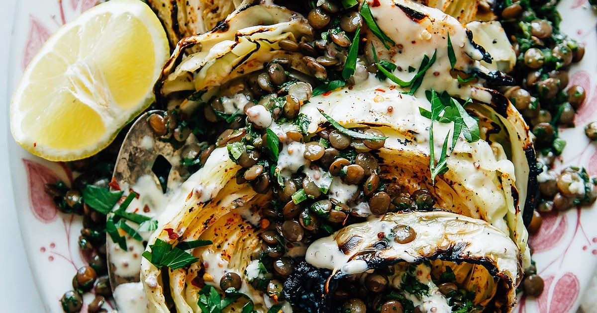 Grilled Cabbage Steaks with Jalapeño Chimichurri Lentils & Maple Mustard Tahini Recipe | Samsung Foo