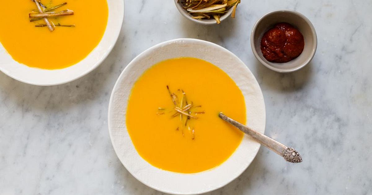 Carrot-Coconut Soup with Harissa and Crispy Leeks Recipe | Samsung Food App
