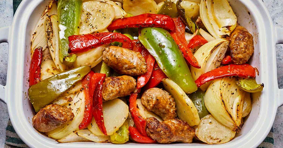 Sausage, Peppers, Onions, and Potato Bake Recipe | Samsung Food App