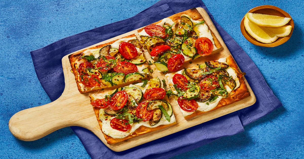Zucchini & Tomato Flatbreads with Lemon Ricotta, Fresh Herbs, Honey & Chili Flakes Recipe | Samsung 