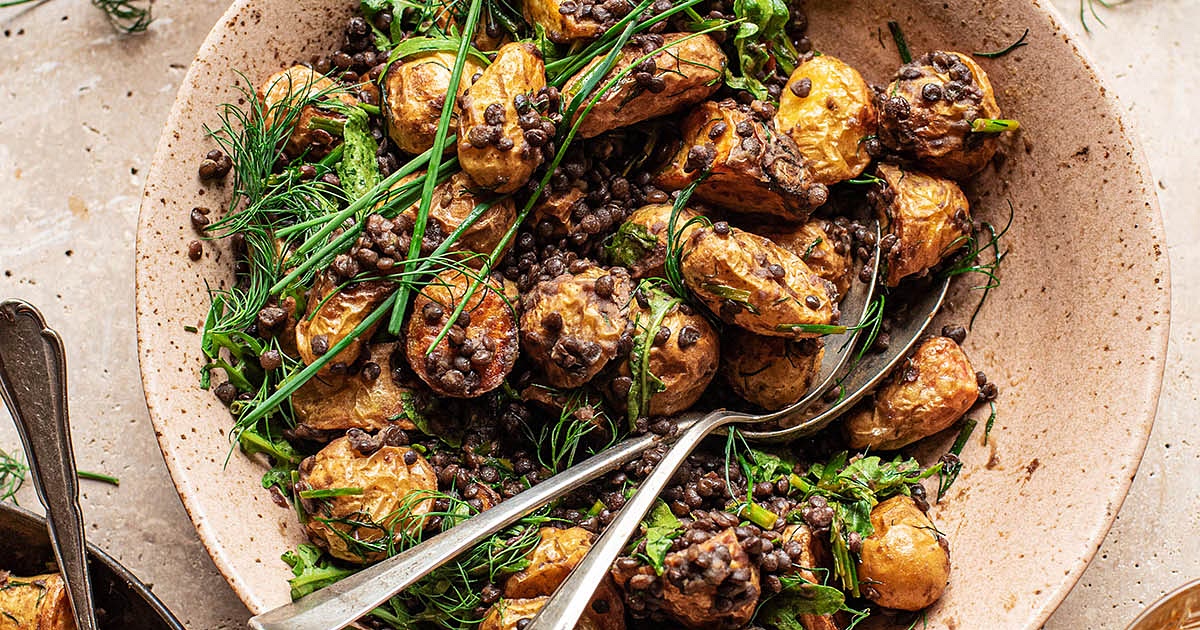 Roasted New Potato Salad with Lentils and Herb Dressing Recipe | Samsung Food App