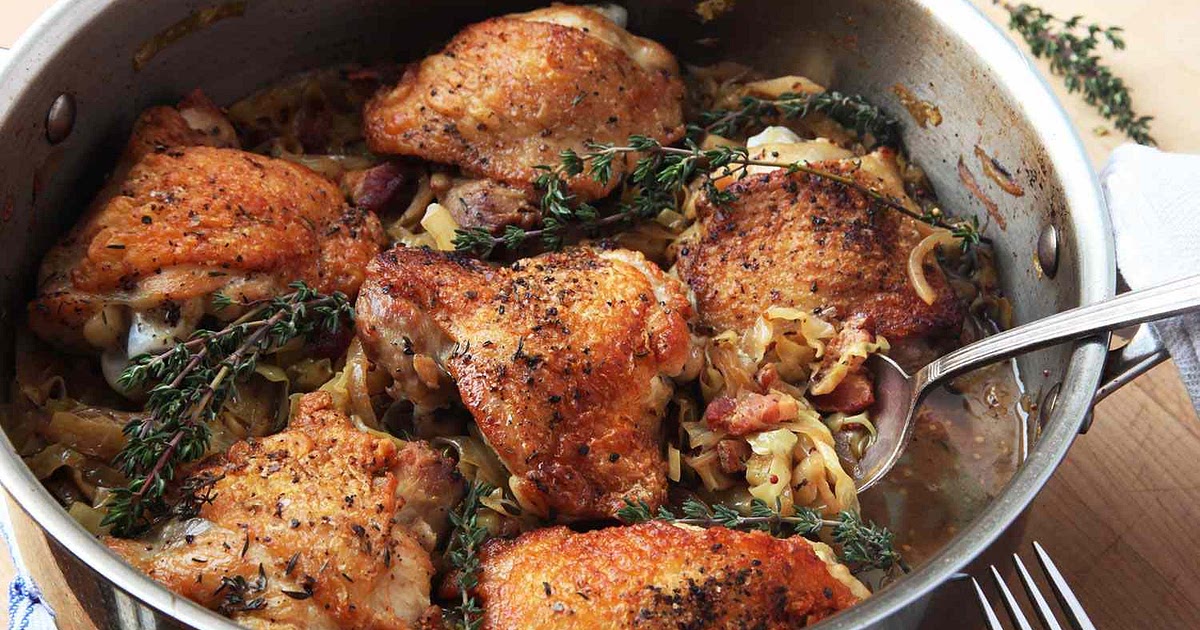 Crispy Braised Chicken Thighs With Cabbage and Bacon Recipe | Samsung Food App