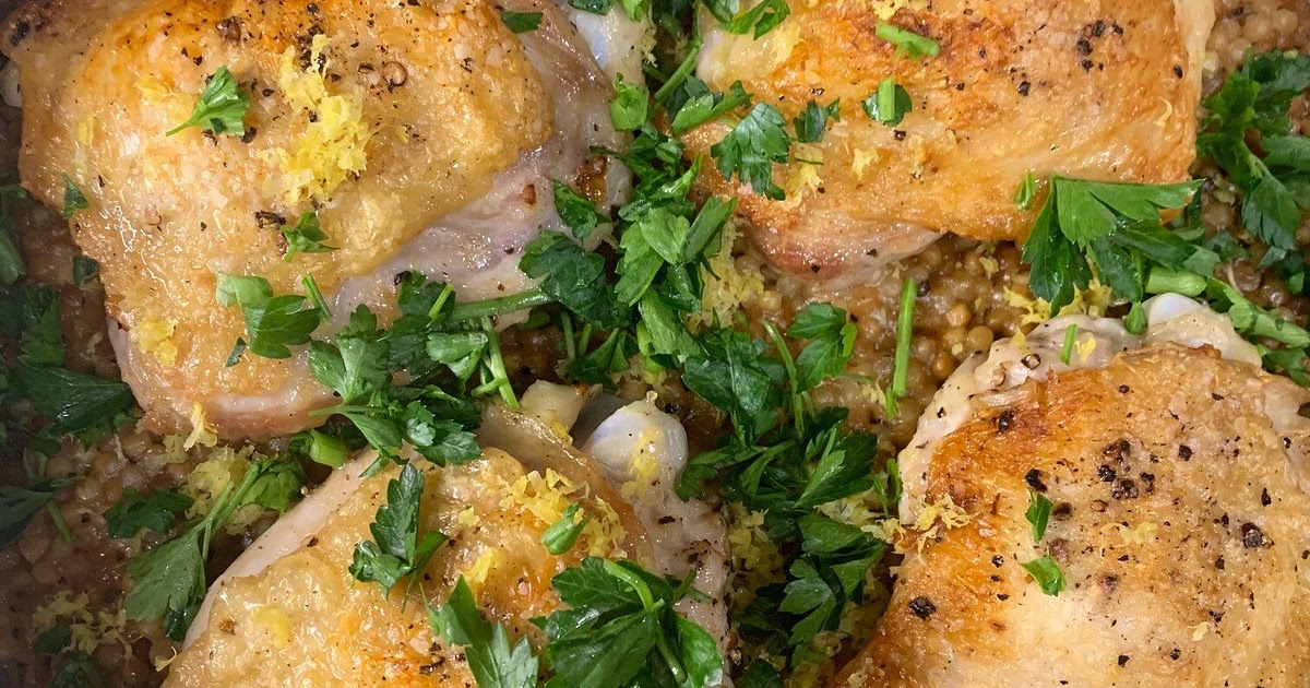 One Pan Crispy Chicken Thighs with Lemon Couscous Recipe | Samsung Food App