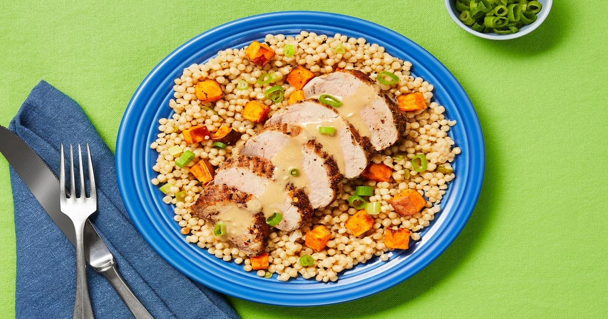 Pork Tenderloin with Creamy Pan Sauce plus Roasted Sweet Potato Couscous Recipe | Samsung Food App