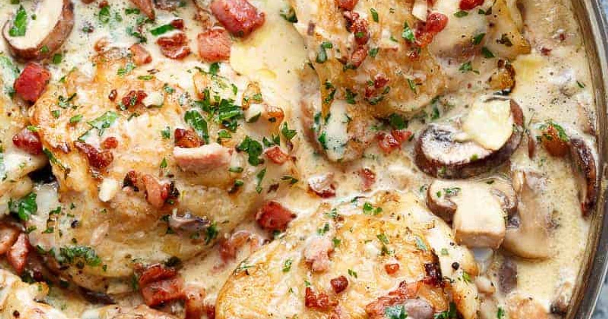 Creamy Baked Chicken Thighs with Mushrooms & Bacon Recipe | Samsung Food App