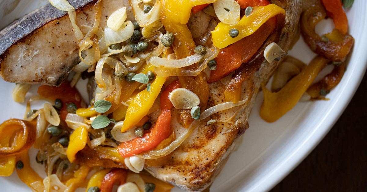 Swordfish with Onions & Roasted Bell Peppers Recipe | Samsung Food App