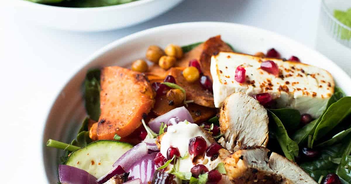 Warm Chicken Salad with Baked Sweet Potato and Feta Cheese Recipe | Samsung Food App