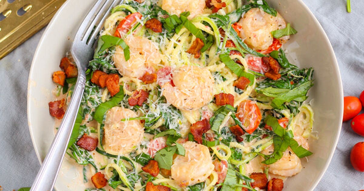 Creamy Tuscan Shrimp with Bacon, Tomatoes, Spinach & Zucchini Noodles Recipe | Samsung Food App