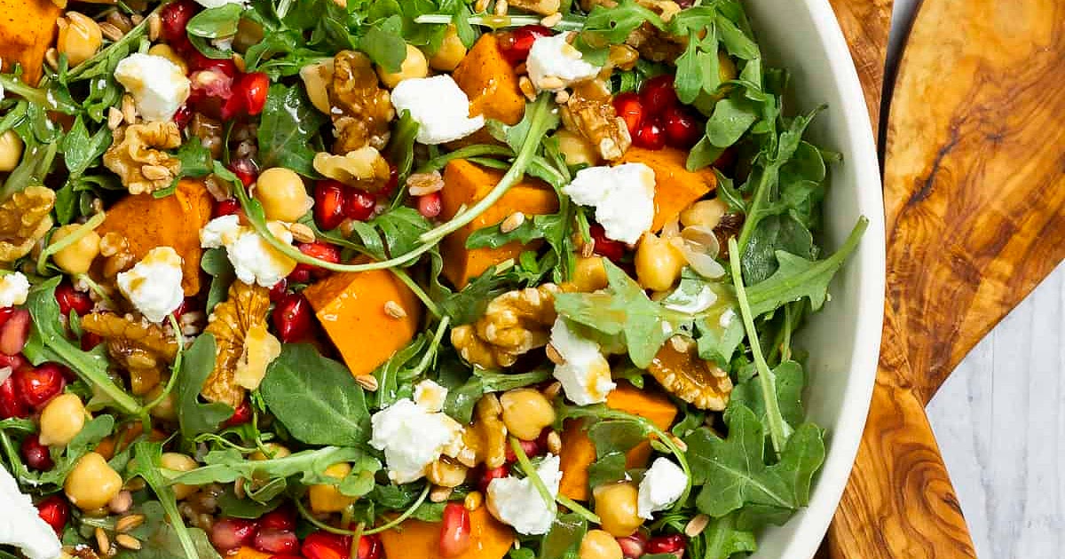 Farro and Arugula Salad With Sweet Potato and Pomegranate Recipe | Samsung Food App