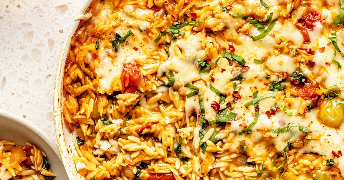 One Pan Tomato Basil Baked Orzo Recipe | Samsung Food App