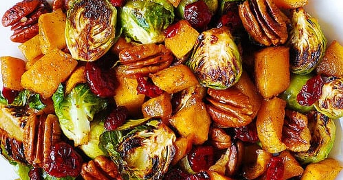 Roasted Brussels Sprouts and Cinnamon Butternut Squash with Pecans and Cranberries Recipe | Samsung Food App