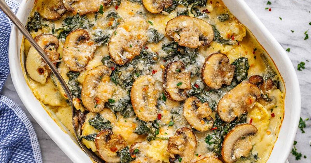 Cheesy Mushroom Ravioli Casserole with Spinach Recipe | Samsung Food App
