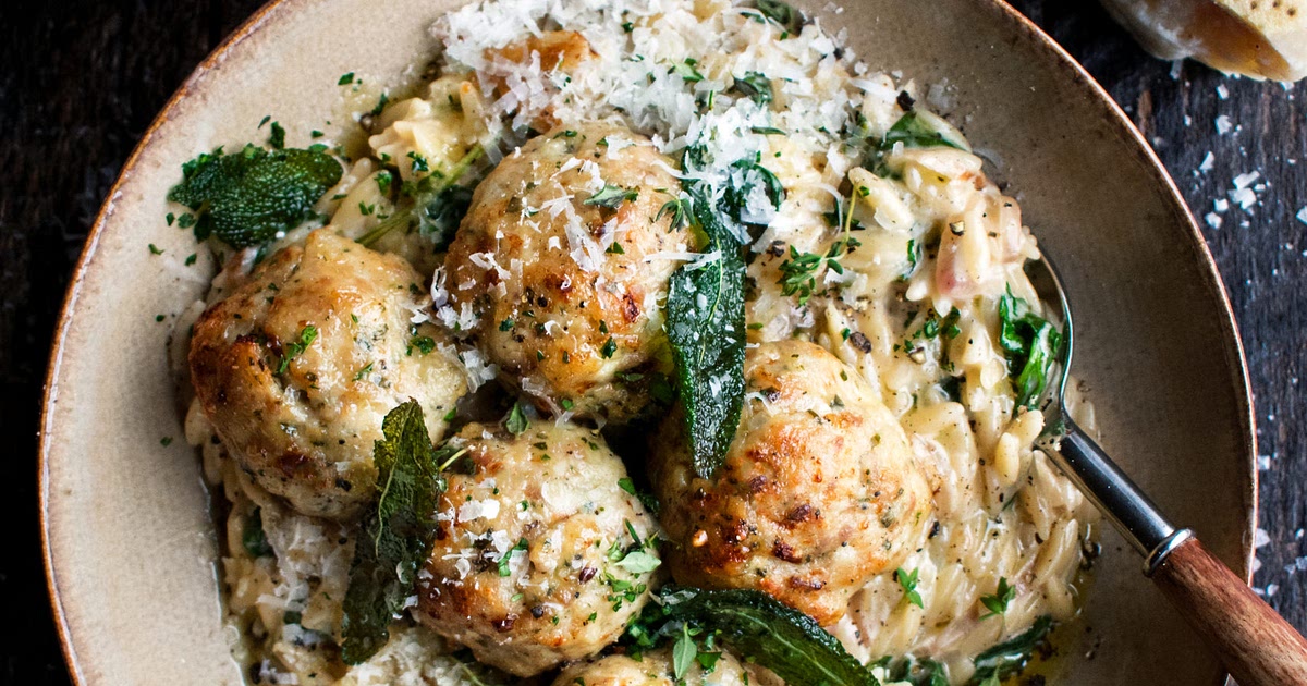Baked Sage Chicken Meatballs with Parmesan Orzo Recipe | Samsung Food App