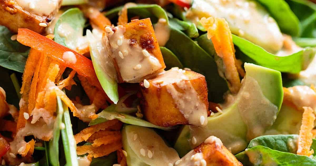 Marinated Tofu, Avocado, and Spinach Salad with Creamy Toasted Sesame & Soy Dressing Recipe | Samsun