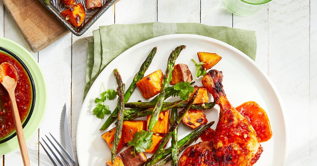 Sweet-and-Spicy Chicken with Roasted Sweet Potatoes and Asparagus Recipe | Samsung Food App