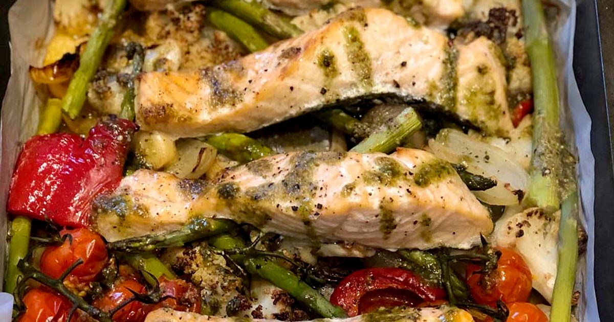 Pesto Salmon Traybake with Roasted Vegetables Recipe | Samsung Food App