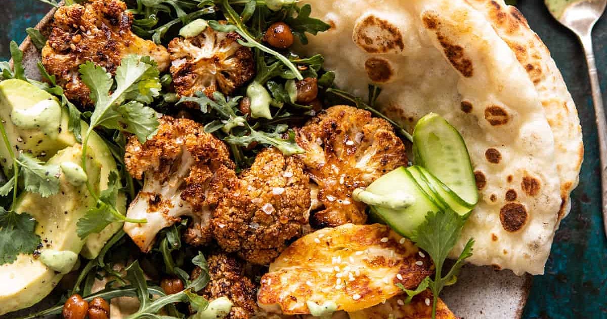 Cauliflower Shawarma with Green Tahini and Fried Halloumi Recipe | Samsung Food App