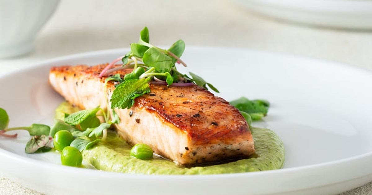Seared Salmon and Pea Puree with Yogurt & Mint Recipe | Samsung Food App