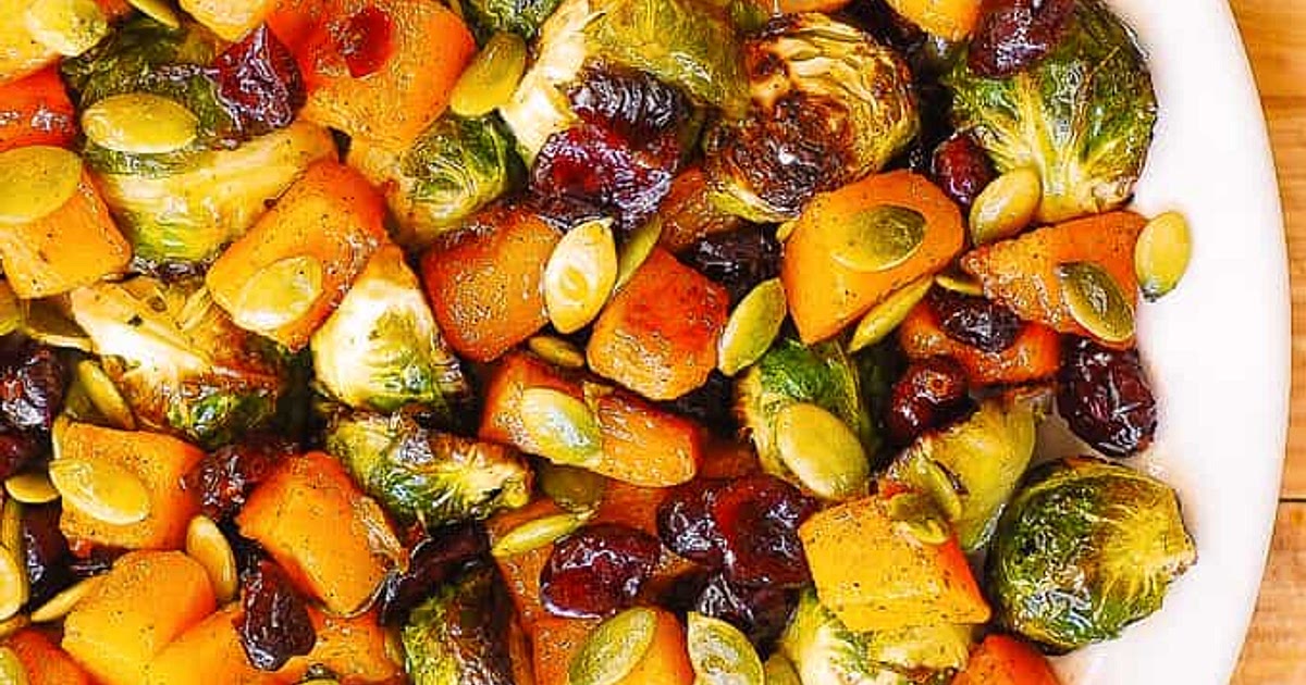 Roasted Brussels Sprouts Salad with Maple Butternut Squash, Pumpkin Seeds, and Cranberries Recipe | 