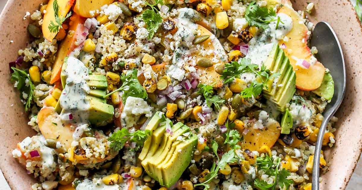 Peach and Corn Quinoa Salad with Cilantro Ranch Recipe | Samsung Food App