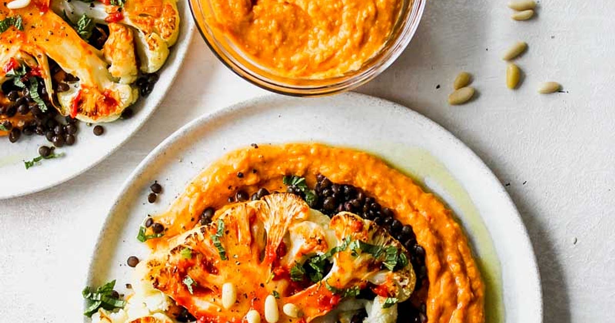 Cauliflower Steaks with Lemon-Caper Lentils and Harissa "Hummus" Recipe | Samsung Food App