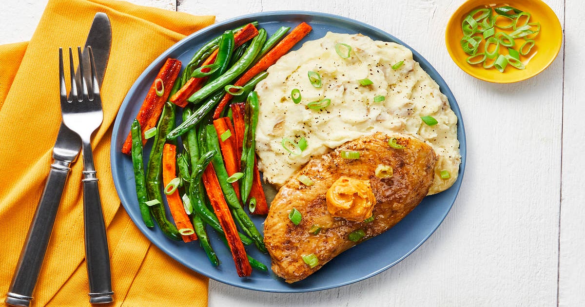 Old Bay Buttered-Up Chicken with Garlic Mashed Potatoes & Roasted Veggies Recipe | Samsung Food App