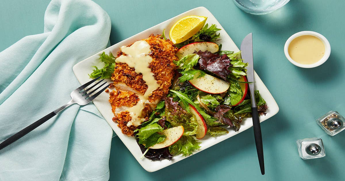 Pecan-Crusted Chicken with Honey Mustard Sauce & Lemony Apple Salad Recipe | Samsung Food App