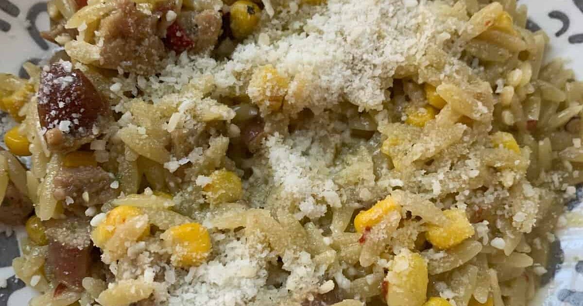 One Pan Pesto, Corn, and Chicken Sausage Orzo Recipe | Samsung Food App