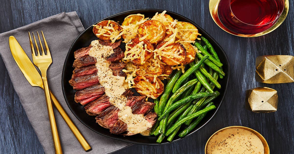 Bavette Steak & Sherry Shallot Sauce with Garlic Parmesan Potato Clusters & Roasted Green Beans Reci