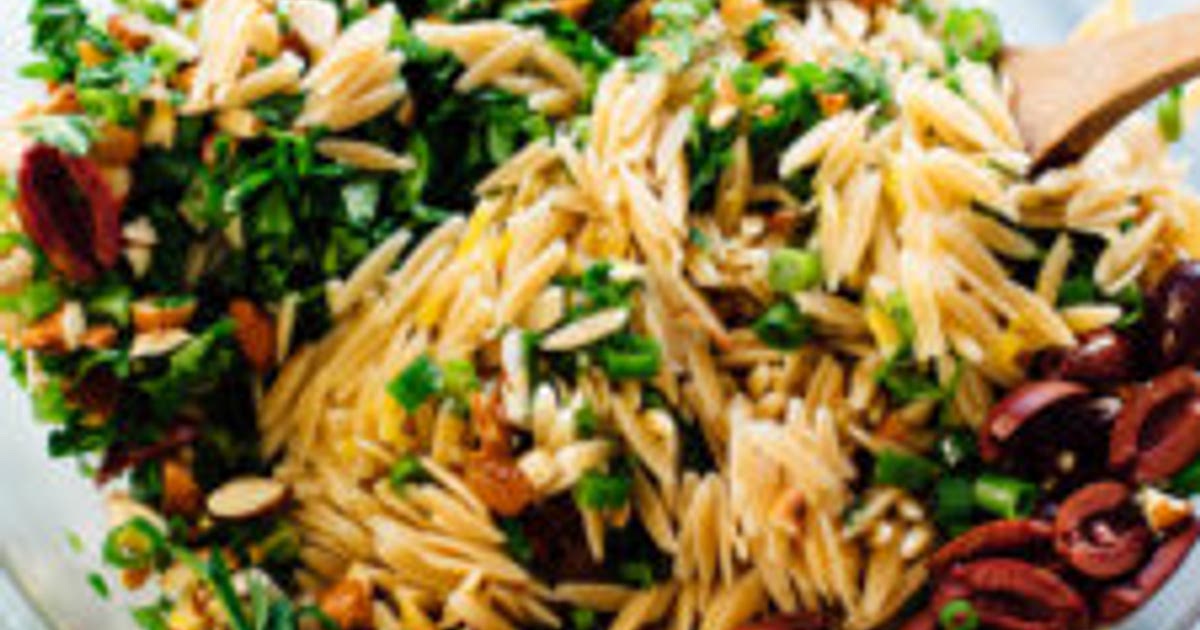 Orange Orzo Salad with Almonds, Feta and Olives Recipe | Samsung Food App