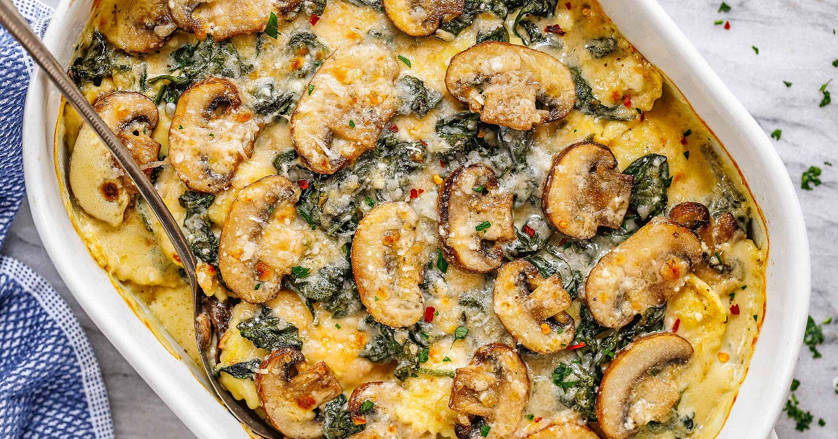 Cheesy Mushroom Ravioli Casserole with Spinach Recipe | Samsung Food App