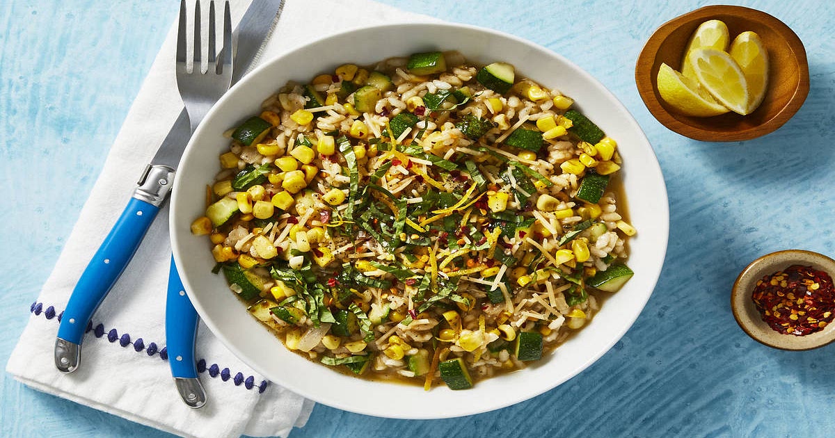 Corn and Zucchini Risotto with Basil and Garlic Oil Recipe | Samsung Food App